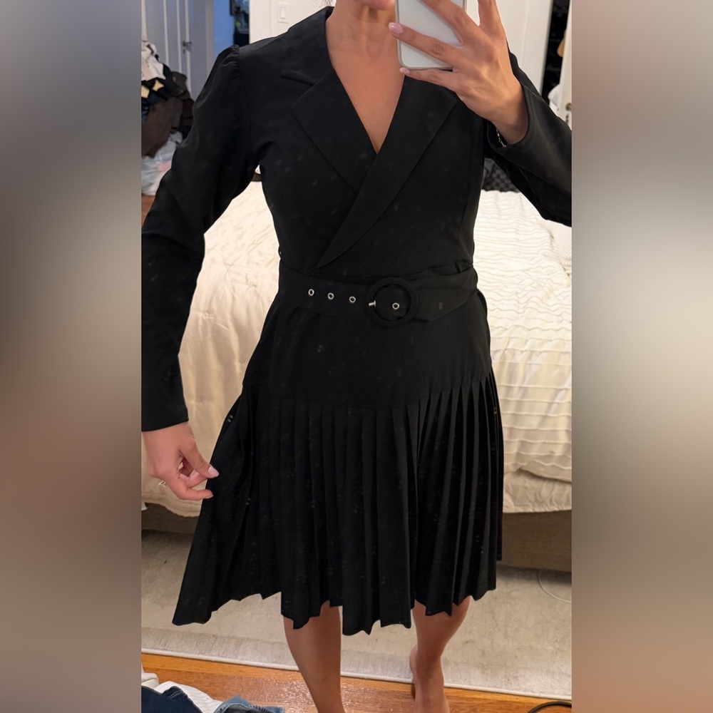 Tailored Black Long-Sleeve Pleated Wrap Dress with Belt